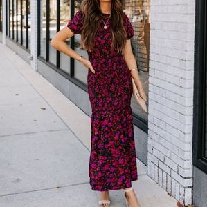 Floral Puff-Sleeve Maxi Dress in Magenta and Black